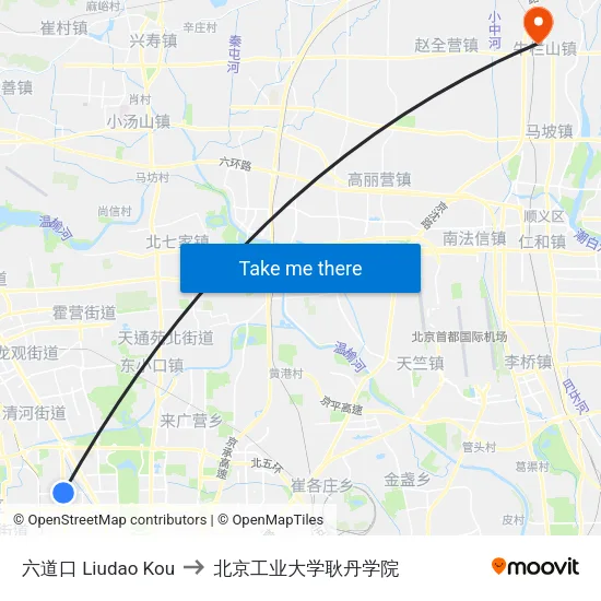 六道口 Liudao Kou to 北京工业大学耿丹学院 map