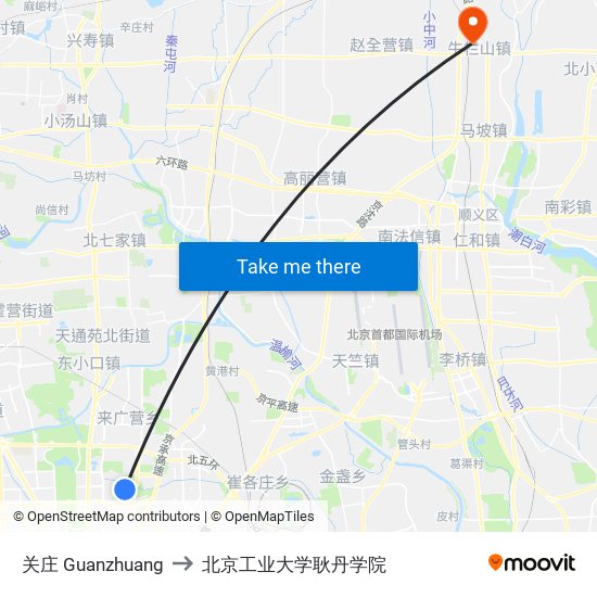 关庄 Guanzhuang to 北京工业大学耿丹学院 map