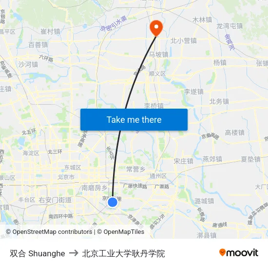 双合 Shuanghe to 北京工业大学耿丹学院 map