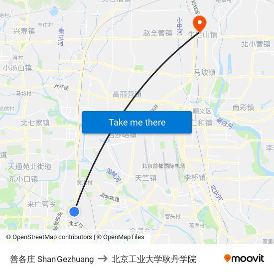 善各庄 Shan'Gezhuang to 北京工业大学耿丹学院 map