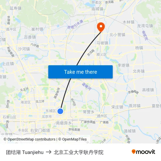 团结湖 Tuanjiehu to 北京工业大学耿丹学院 map