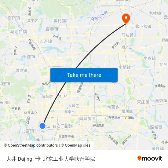 大井 Dajing to 北京工业大学耿丹学院 map