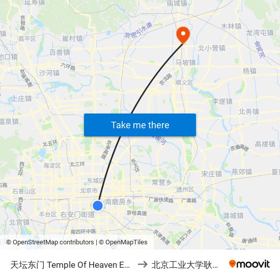 天坛东门 Temple Of Heaven East Gate to 北京工业大学耿丹学院 map