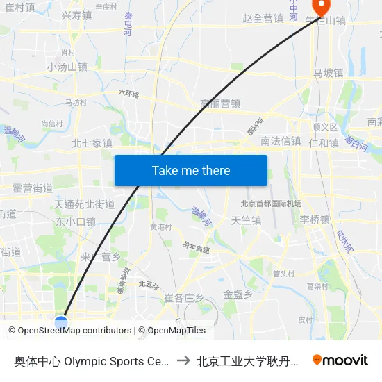 奥体中心 Olympic Sports Center to 北京工业大学耿丹学院 map