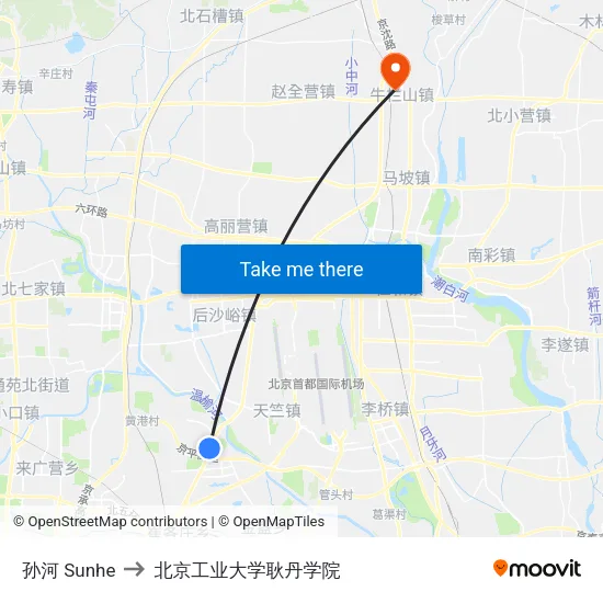 孙河 Sunhe to 北京工业大学耿丹学院 map