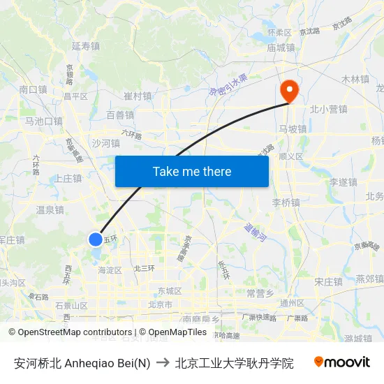 安河桥北 Anheqiao Bei(N) to 北京工业大学耿丹学院 map