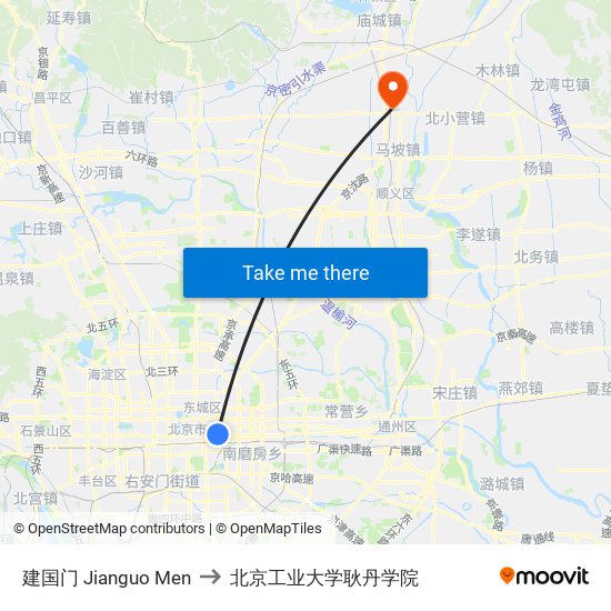 建国门 Jianguo Men to 北京工业大学耿丹学院 map