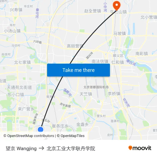 望京 Wangjing to 北京工业大学耿丹学院 map