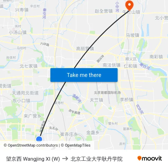 望京西 Wangjing XI (W) to 北京工业大学耿丹学院 map