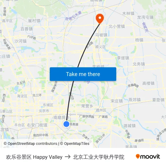 欢乐谷景区 Happy Valley to 北京工业大学耿丹学院 map