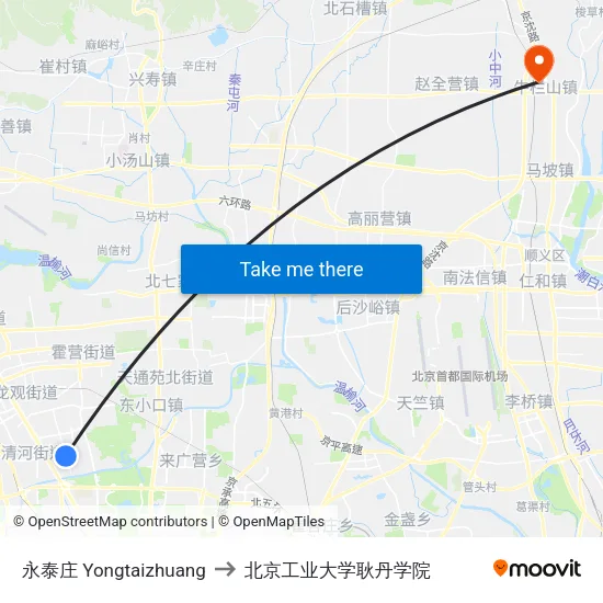 永泰庄 Yongtaizhuang to 北京工业大学耿丹学院 map