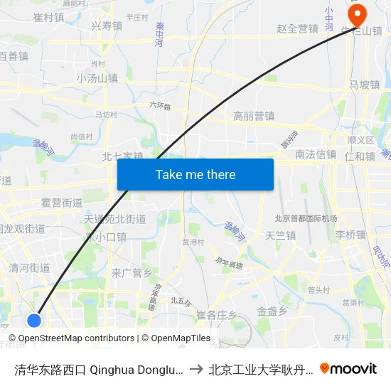 清华东路西口 Qinghua Donglu Xikou to 北京工业大学耿丹学院 map