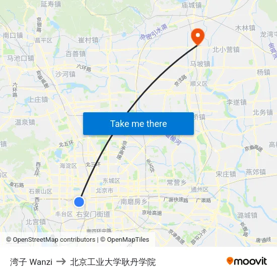 湾子 Wanzi to 北京工业大学耿丹学院 map