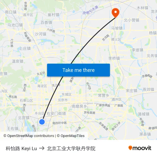 科怡路 Keyi Lu to 北京工业大学耿丹学院 map