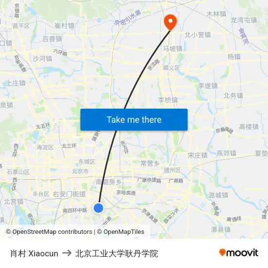 肖村 Xiaocun to 北京工业大学耿丹学院 map