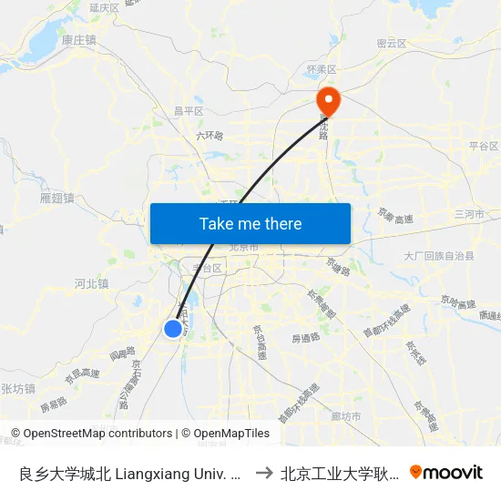 良乡大学城北 Liangxiang Univ. Town North to 北京工业大学耿丹学院 map