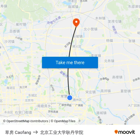草房 Caofang to 北京工业大学耿丹学院 map