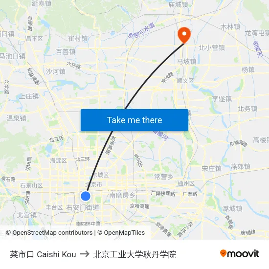 菜市口 Caishi Kou to 北京工业大学耿丹学院 map