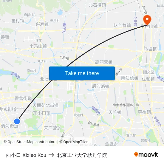 西小口 Xixiao Kou to 北京工业大学耿丹学院 map