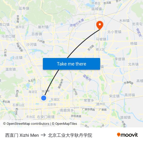 西直门 Xizhi Men to 北京工业大学耿丹学院 map
