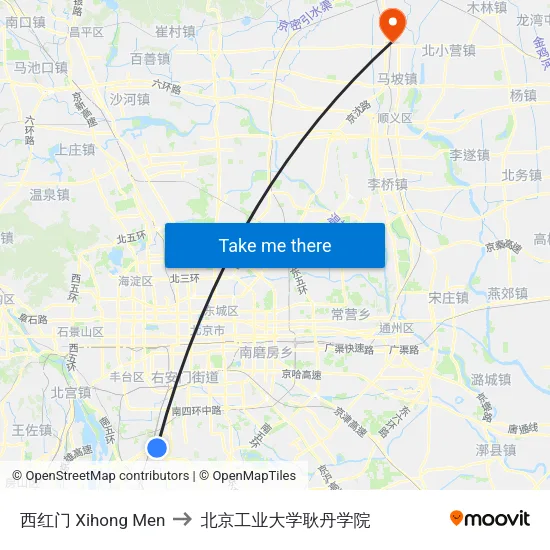 西红门 Xihong Men to 北京工业大学耿丹学院 map
