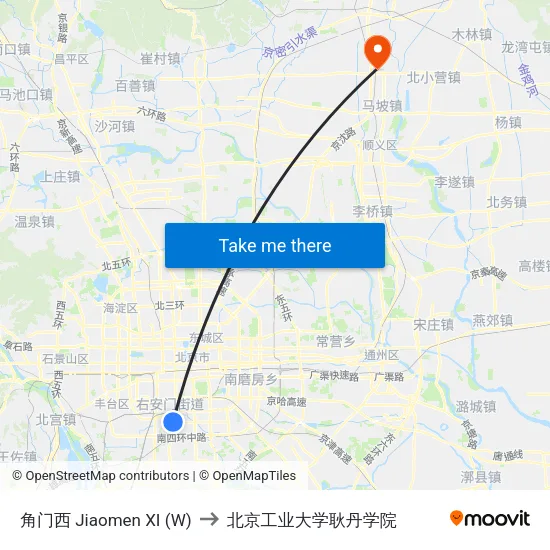 角门西 Jiaomen XI (W) to 北京工业大学耿丹学院 map
