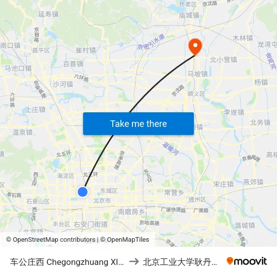 车公庄西 Chegongzhuang XI (W) to 北京工业大学耿丹学院 map