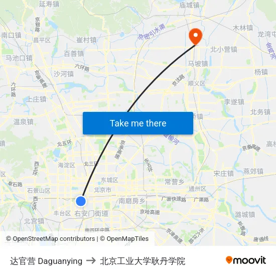 达官营 Daguanying to 北京工业大学耿丹学院 map