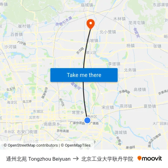 通州北苑 Tongzhou Beiyuan to 北京工业大学耿丹学院 map