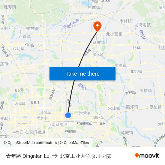 青年路 Qingnian Lu to 北京工业大学耿丹学院 map