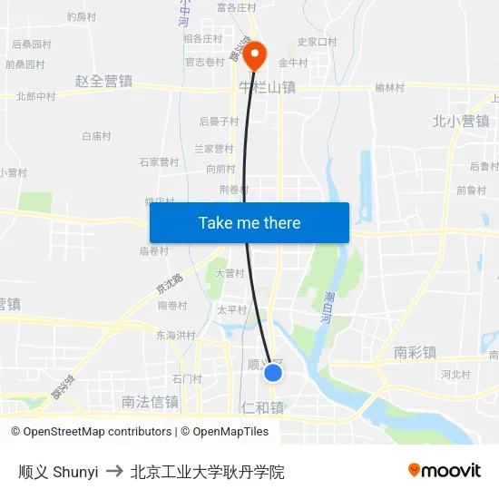 顺义 Shunyi to 北京工业大学耿丹学院 map