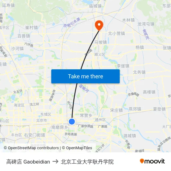 高碑店 Gaobeidian to 北京工业大学耿丹学院 map