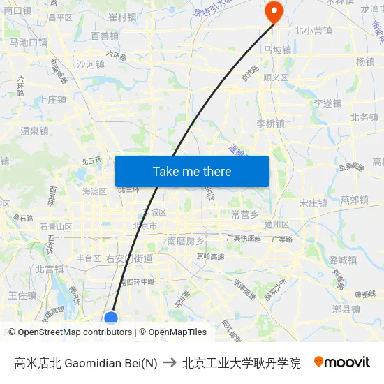 高米店北 Gaomidian Bei(N) to 北京工业大学耿丹学院 map
