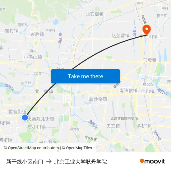 新干线小区南门 to 北京工业大学耿丹学院 map