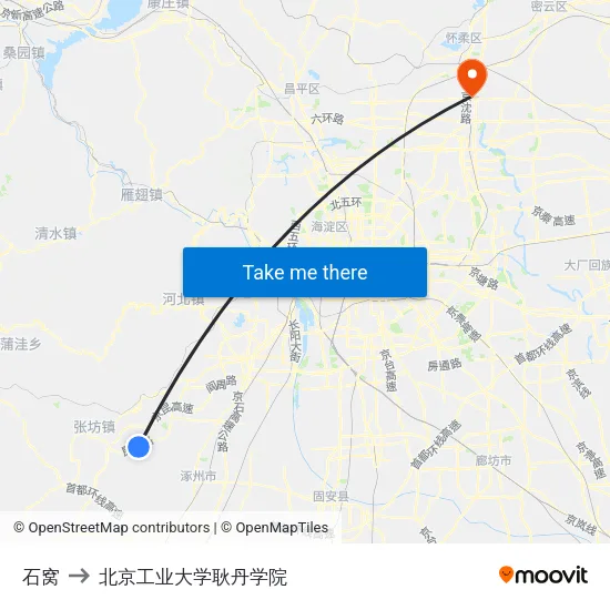 石窝 to 北京工业大学耿丹学院 map