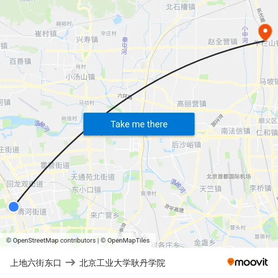 上地六街东口 to 北京工业大学耿丹学院 map