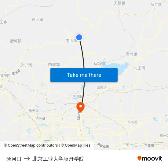 汤河口 to 北京工业大学耿丹学院 map