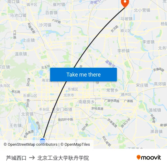 芦城西口 to 北京工业大学耿丹学院 map