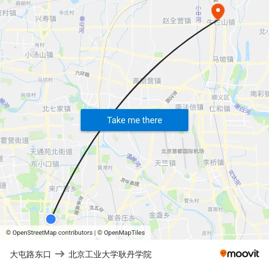 大屯路东口 to 北京工业大学耿丹学院 map