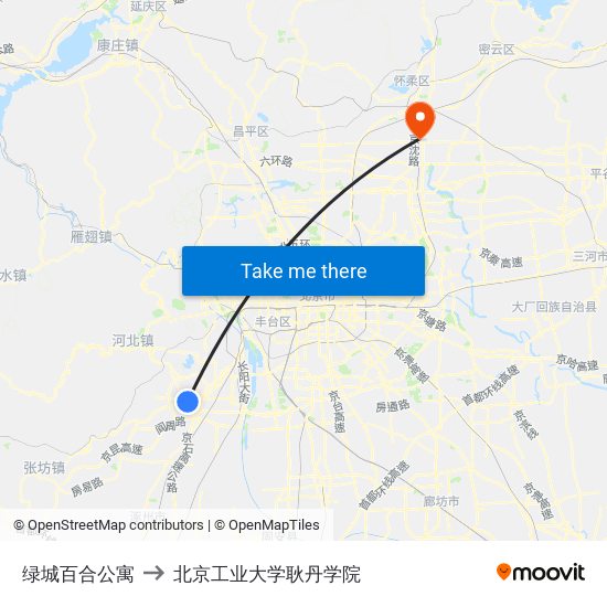 绿城百合公寓 to 北京工业大学耿丹学院 map