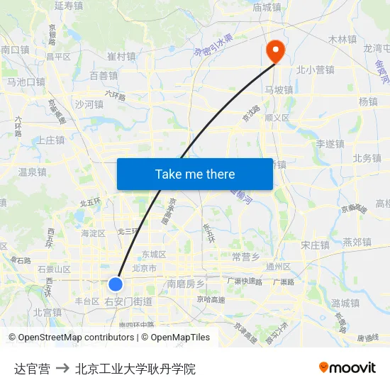 达官营 to 北京工业大学耿丹学院 map
