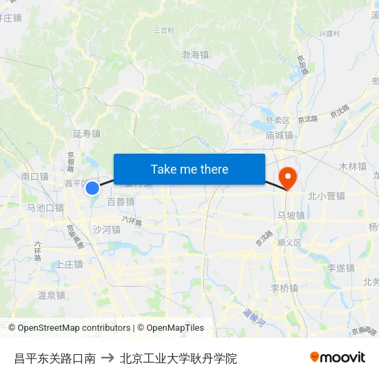 昌平东关路口南 to 北京工业大学耿丹学院 map