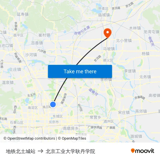 地铁北土城站 to 北京工业大学耿丹学院 map
