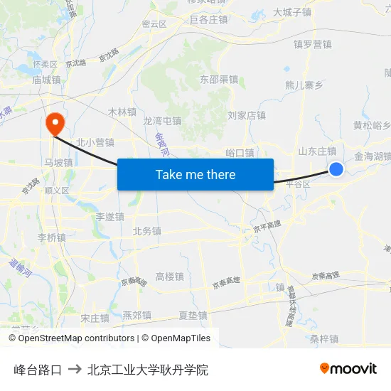 峰台路口 to 北京工业大学耿丹学院 map