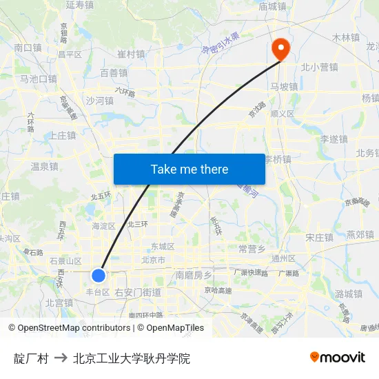 靛厂村 to 北京工业大学耿丹学院 map