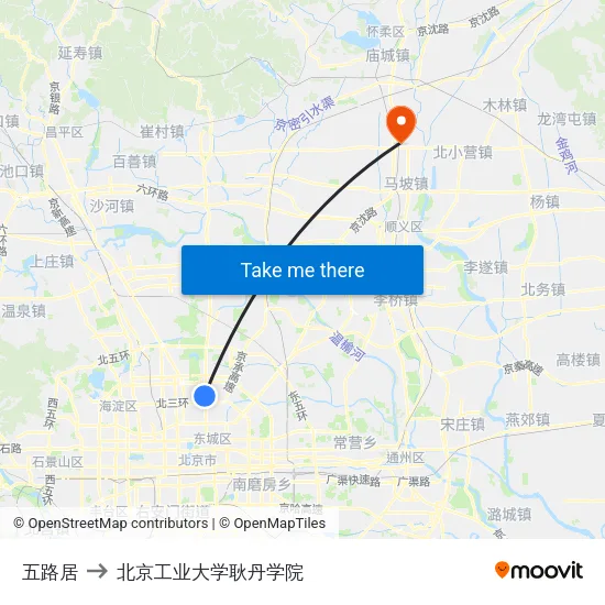 五路居 to 北京工业大学耿丹学院 map