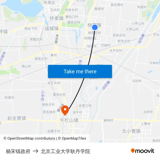杨宋镇政府 to 北京工业大学耿丹学院 map