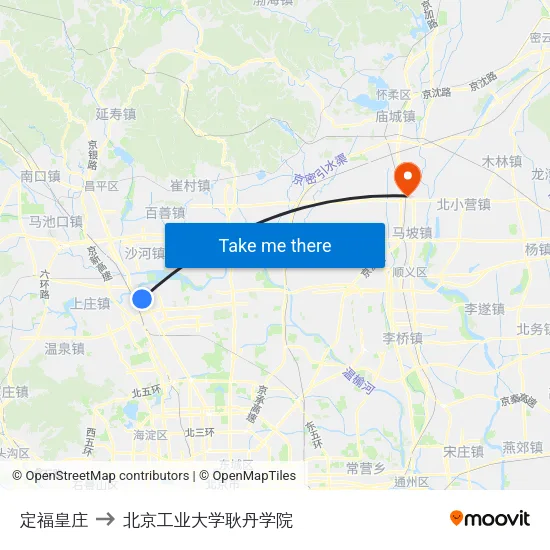 定福皇庄 to 北京工业大学耿丹学院 map