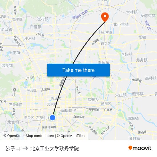 沙子口 to 北京工业大学耿丹学院 map