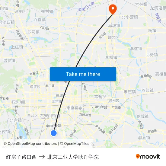 红房子路口西 to 北京工业大学耿丹学院 map